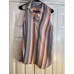 Chico's No Iron Fresh Chic 100% Linen Rainbow Striped Shirt Womens O EUC‎